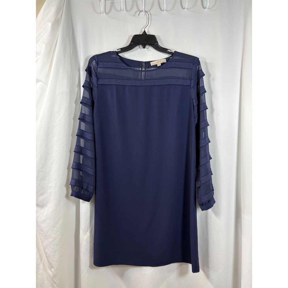LOFT Womens Navy Blue Sheer Mesh Yoke Tiered Sleeve Shift Dress Size L 488317